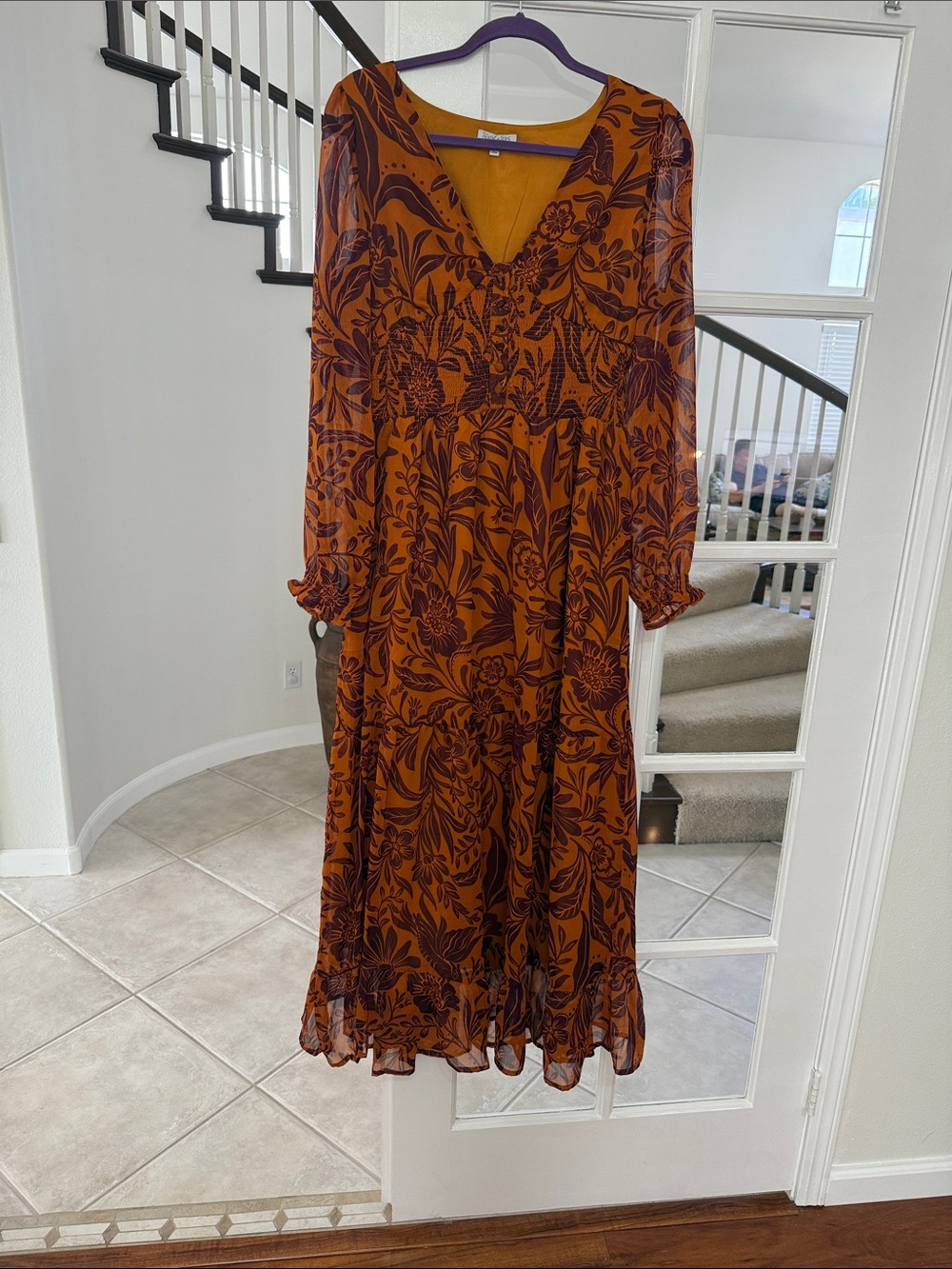 Patrons of Peace Size Large Rust Floral Long-Sleeve Midi Dress